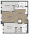 Modern 2D floor plan highlighting two bedrooms, two bathrooms, an open kitchen, and a spacious living area.