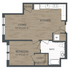Modern floor plan with a cozy bedroom, spacious living room, open kitchen, and a full bath, perfect for stylish city living.
