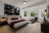Elegant bedroom with a modern design, featuring a cozy king-sized bed, stylish lounge chair, and large windows inviting abundant natural light.
