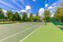 Vibrant tennis court with lush greenery, offering a perfect setting for sports enthusiasts under a clear blue sky.