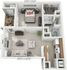 Charming 3D floor plan featuring a cozy bedroom, inviting living area with fireplace, efficient kitchen, and private balcony.