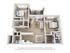 Elegant 3D floor plan showcasing 2 spacious bedrooms, modern kitchen with island seating, cozy living area, and private balcony.
