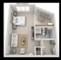 Modern studio apartment floor plan showcasing a cozy bedroom, stylish living area, compact dining space, and well-appointed bathroom.