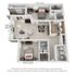 Chic 3D floor plan highlighting 2 spacious bedrooms, elegant living area, modern kitchen, and cozy dining space.