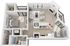 One bedroom floor plan featuring a spacious one-bedroom apartment with an open-concept living room, stylish kitchen, a cozy fireplace, and private balcony.