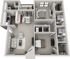 Modern two bedroom floor plan showcasing a stylish 2-bedroom apartment with a spacious open-concept living and dining area, sleek kitchen, and two luxurious bathrooms.