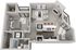 Modern one bedroom floor plan showcasing a spacious one-bedroom layout with a cozy living area, balcony access, and fireplace. Features include an open kitchen with breakfast bar, stylish dining area, and convenient washer/dryer setup.