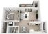 One bedroom floor plan showcasing a spacious bedroom, cozy living room, open kitchen, and private balcony, ideal for stylish urban living.