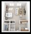 Charming studio apartment floor plan with cozy bedroom area, inviting living space, modern kitchen, and compact bathroom.