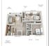Essex two-bedroom floor plan, 1075 sq ft, featuring open dining and living room, spacious kitchen with modern appliances, large patio, master and guest baths, and king-sized master bedroom.