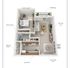 Inverness floor plan featuring 1 bedroom, open living area, spacious dining room, and a patio balcony, all within 700 sq ft. Includes a large pantry and built-in desk.