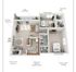 Kennilworth floor plan with two bedrooms, open dining and living room, large patio, spacious kitchen with modern appliances, and ample walk-in closets, covering 1,000 sq ft.