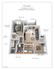 Elegant 3D floor plan of Bordeaux apartment, featuring one bedroom, spacious living room with fireplace, modern kitchen with bar seating, dining area, roomy walk-in closet, dual sinks in bathroom, and a private patio.