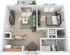 Charming floor plan showcasing a cozy one-bedroom apartment with a spacious living area, modern kitchen, and elegant bathroom.