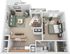 Inviting 3D floor plan featuring a cozy one-bedroom layout with a spacious living room, fireplace, and private balcony.