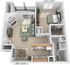 Inviting and modern 3D floor plan showcasing a spacious 1 bedroom with walk-in closet, cozy living area with fireplace, stylish open kitchen, and a private balcony.