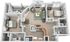 Charming 3D floor plan showcasing a cozy 2-bedroom apartment with a spacious living room, dining area, and modern kitchen. Features include a private balcony, stylish fireplace, and elegant bathroom.