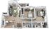 Chic 3D floor plan featuring a cozy living room with a fireplace, two inviting bedrooms, a modern kitchen, and spacious bathrooms, complete with a charming balcony view.
