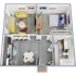 Modern 2D apartment floor plan featuring an elegant bedroom, cozy living room, and a sleek kitchen with breakfast bar seating.