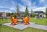 Inviting outdoor fire pit area with vibrant orange Adirondack chairs, set on a cozy patio surrounded by lush green grass and peaceful woods.