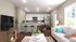 Modern open-plan living room featuring a cozy sofa, flat-screen TV, and chic kitchen with a breakfast bar and stainless steel appliances.