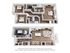 Modern 3D floor plan showcasing a stylish three-bedroom apartment with a spacious open-concept living and dining area, kitchen with island, and attached garage.