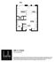 Belle Square studio layout showcasing a cozy living and bedroom area, modern kitchen, convenient walk-in closet, and a relaxing patio. Unit 1F, 596 square feet.
