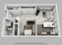 Modern studio apartment floor plan featuring an open-concept living room and kitchen, spacious bathroom, and in-unit laundry.