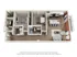 Sleek 3D floor plan showcasing a modern apartment with 2 bedrooms, an open kitchen with island seating, and a cozy living room leading to a balcony.