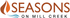 Logo of 'Seasons on Mill Creek' featuring a flame and wave icon, symbolizing warmth and tranquility.