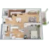 A 3-D image of a spacious 1-Bedroom floorplan