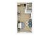 Chic studio apartment floor plan featuring an open-concept layout with a cozy bedroom, compact kitchen, stylish living area, and a modern bathroom.