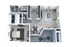 Modern floor plan showcasing a spacious one-bedroom apartment with an open living area, stylish kitchen, large bathroom, and private balcony.