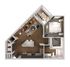 Elegant open-concept floor plan featuring one bedroom, modern kitchen with island, cozy living area, and private balcony.