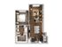Chic floor plan featuring a cozy bedroom, modern bathroom, and open-concept living and kitchen area with stylish furnishings.