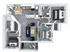 Modern 3D floor plan featuring three bedrooms, a sleek open kitchen, dining area, and a cozy living room.