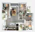 Modern 3D floor plan showcasing 3 bedrooms, open living room with stylish decor, and a sleek kitchen with an island.