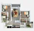 Modern 3D floor plan featuring two cozy bedrooms, a sleek open kitchen, and a stylish living room with contemporary decor.