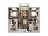 Modern 3D floor plan featuring two bedrooms, a stylish open-concept living room, and a sleek kitchen with a central island.