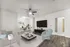 Contemporary living room with stylish seating area, large flat-screen TV, and modern workspace by a sunlit window.
