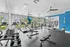 Modern workout space with bright windows, featuring cardio machines, weights, and sleek black flooring.