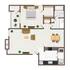 Inviting floor plan with a spacious bedroom, elegant living room, cozy dining area, and modern kitchen layout.