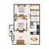 Modern floor plan featuring two spacious bedrooms, open living area, and a chic kitchen with dining space, perfectly designed for optimal comfort and style.