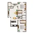 Modern floor plan featuring three elegant bedrooms, two bathrooms, an open living area, and a cozy kitchen with dining space, ideal for comfortable living.