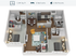 Modern 3D floor plan of a 1,104 sq ft apartment featuring 2 bedrooms, 2 bathrooms, a contemporary kitchen, open-concept dining area, and a cozy living room.