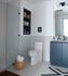 Modern bathroom with sleek glass shower, stylish navy vanity, and tasteful open shelving in a bright, contemporary design.