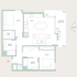 Modern floor plan featuring two spacious bedrooms, an open living and dining area, a well-equipped kitchen, and a wrap-around private terrace with garden views.