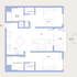 Modern floor plan highlighting 2 bedrooms, stylish kitchen, spacious living area, and private terrace with Hollywood Hills views.