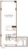 Modern studio apartment floor plan with spacious living and sleeping area, full kitchen, and bathroom with convenient closet space.
