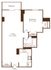 Inviting floor plan showcasing a spacious 1-bedroom apartment with an expansive living area, modern kitchen, and private balcony.